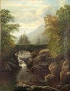 A River Landscape With A Bridge Above A Waterfall by William Mellor
