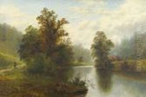 Summer River Landscape With A
Girl On A Path, A Cottage Amongst Trees Nearby, Possibly A View In
Wharfedale Signed by William Mellor