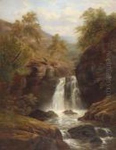 Oil On Canvas a Waterfall On The Welshhills Signed 35.5 X 27.5 by William Mellor