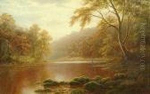An Angler Beside A Calm River, Probably On The Wharfe Near Bolton Abbey; A River Scene