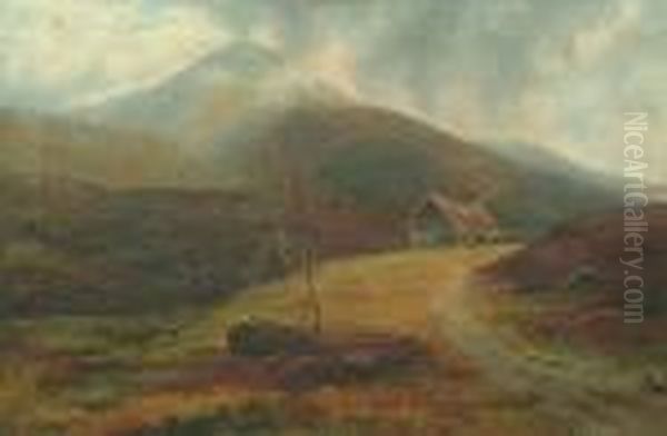 A Moorland Scene With Cattle Grazing With Mountains Beyond, Possibly Wales - view 1