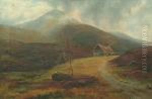 A Moorland Scene With Cattle Grazing With Mountains Beyond, Possibly Wales by William Mellor