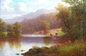 Highland River Landscapes With Cows And Sheep by William Mellor