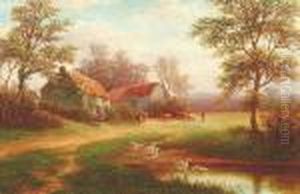 A Farmstead With A Figure And Cattle