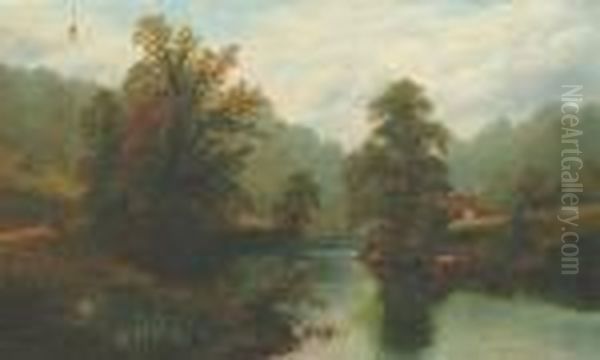 Cattle Watering With A Figure On
A Woodland Track, Possibly A Stretch On The River Wharfe - view 1