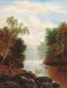 A Tranquil Wooded River Landscape; And A Waterfall In A Woodedlandscape