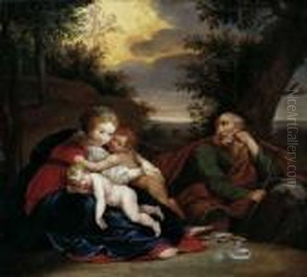 Raphael , Umkreis Die Heilige
Familie Mit Dem Johannesknaben. Daruber Engel In Wolken. Ol Auf
Leinwand, Auf Holz Aufgezogen. H 36; B 39 Cm - view 1