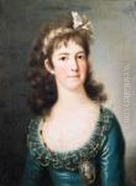 Portrait Of A Noblewoman, Half
Length, Wearing A Blue Dress Withlace Collar, A Portrait Miniature On A
Chain Around Her Neck, Aribbon In Her Hair - view 1