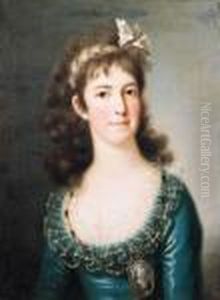 Portrait Of A Noblewoman, Half
Length, Wearing A Blue Dress Withlace Collar, A Portrait Miniature On A
Chain Around Her Neck, Aribbon In Her Hair by Anton Raphael Mengs