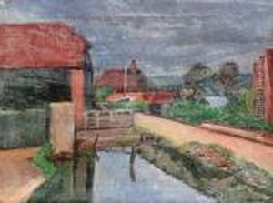 View Of A Farm With Barns By A Pond