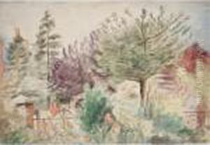 Garden Landscape With Red Flowers by Bernard Meninsky