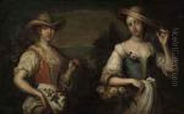 Portrait Of Two Ladies, Half-length, As Shepherdesses In A Landscape - view 1