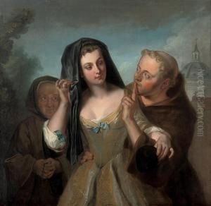 The Secret: A Young Woman, Accompanied By Her Duenna, With A Monk by Philippe Mercier