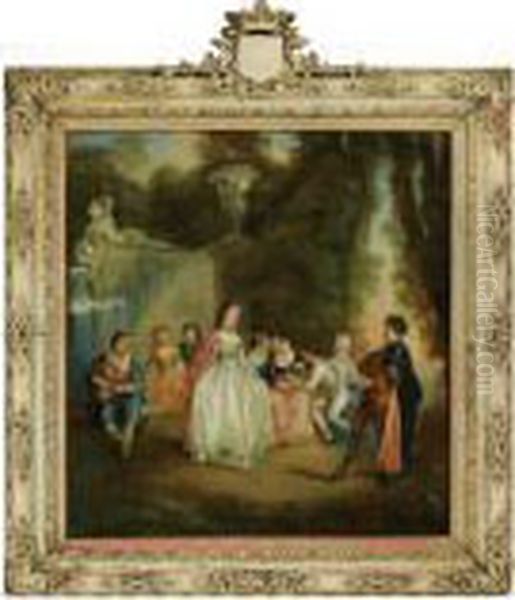 An Elegant Company In A Wooded Landscape, Near An Elaborately Sculpted Fountain - view 1