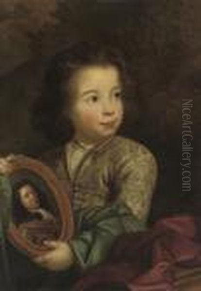 Portrait Of A Young Boy,
Half-length, In A Grey Silk Embroidered Coat And Blue Wrap, Holding A
Portrait Of A Gentleman, In A Landscape - view 1