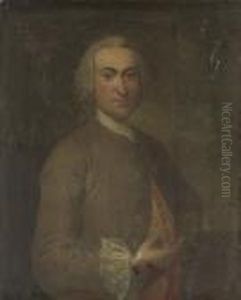 Portrait Of A Gentleman, 
Half-length, In A Grey Coat And Red And Silver Embroidered Waistcoat, 
With Ships Beyond