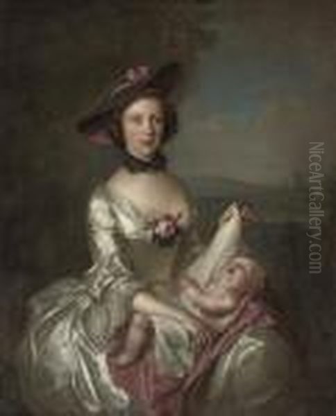 Portrait Of Elizabeth Boyd And
Child, Three-quarter-length, In An Oyster Satin Dress And Black And Pink
Trimmed Hat, In A Landscape - view 1
