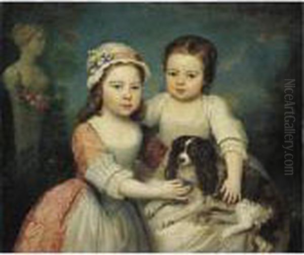 Portrait Of Two Young Girls With A Dog - view 1