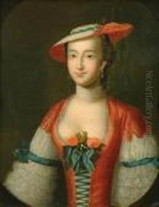Portrait Of A Ladyhalf Length, Wearing A Low Cut Dress With Red Bodice And Straw Hat