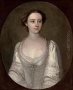Portrait Of A Lady, Half-length, In An Oyster Satin Dress With Pearls, In A Feigned Oval