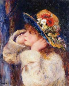 Young Girl In A Hat Decorated With Wildflowers by Pierre Auguste Renoir