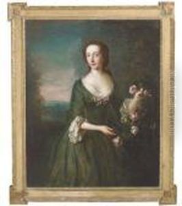 Portrait Of Mrs. Hamilton Gordon
Of Newhailes, Three-quarterlength, In A Green Dress With White Fichu In
A Landscape by Philippe Mercier