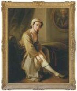 A Young Woman, In A Fawn Dress, 
Seated On A Chaise Longue In Aninterior, Removing Her Right Stocking, An
 Oval Portrait Of Agentleman, Traditionally Identified As The 'young 
Pretender', Onthe Wall Beyond
