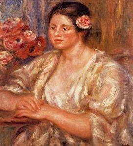Madelaine In A White Blouse And A Bouquet Of Flowers by Pierre Auguste Renoir