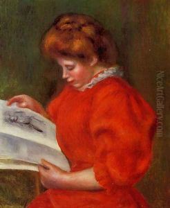 Young Woman Looking At A Print by Pierre Auguste Renoir