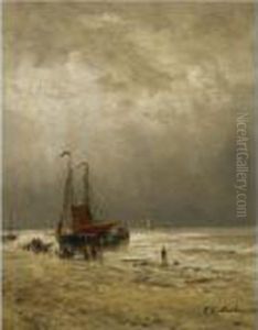 Bomschuiten At Anchor With Fisherfolk On The Beach