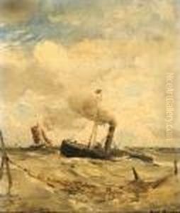 Onstuimige Zee Met Stoomschuit,
Op De Achtergrond Een Vissersboot En Op De Voorgrond Een Visnet Onstuimige Zee Met Stoomschuit,
Op De Achtergrond Een Vissersboot En Op De Voorgrond Een Visnet