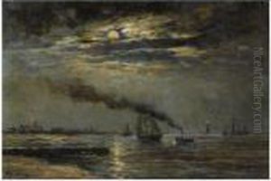 A Three-master Entering Scheveningen Harbour At Moonlight by Hendrik Willem Mesdag