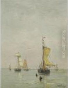 Fishing Boats Off The Coast In Calm Weather by Hendrik Willem Mesdag