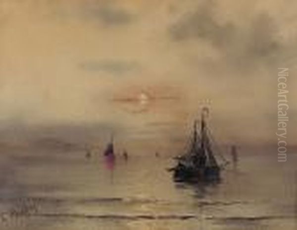 Abendliche Kustenpartie Mit Segelschiffen. - view 1