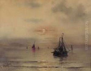 Abendliche Kustenpartie Mit Segelschiffen. by Hendrik Willem Mesdag