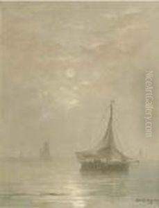 A Calm: Bomschuiten At Sea On A Hazy Afternoon by Hendrik Willem Mesdag