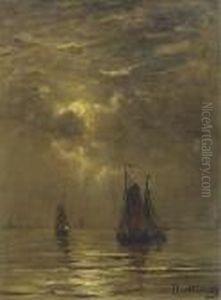 Bomschuiten Setting Out By Moonlight by Hendrik Willem Mesdag