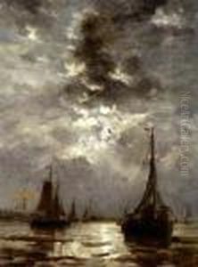Beached Bomschuiten By Moonlight by Hendrik Willem Mesdag