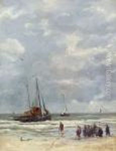 Kustenpartie Mit Fischerfrauen Und Schiffen. by Hendrik Willem Mesdag
