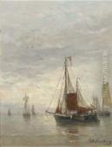Voor Anker: Bomschuiten At The Break Of Dawn by Hendrik Willem Mesdag