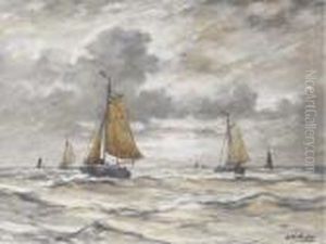 Bomschuiten Near The Coast Of Scheveningen by Hendrik Willem Mesdag