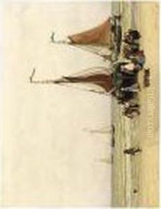 Bomschuiten With Fisherwomen On Scheveningen Beach by Hendrik Willem Mesdag
