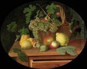 A Basket Of Apples And Grapes 
Surrounded By Peppers, Lemons, A Pomegranate And Figs On A Table