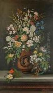 Impressive Still Lifes Of Roses,
Fuchsias, Lilies, Daisies And Other Flowers In Etruscan Vases On Marble
Topped Tables by Michaelangelo Meucci