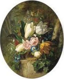 Tulips, Roses, Magnolias,
Lilies, Pelagoniums, Convulvulous, Forget-me -nots And Other Summer
Flowers In A Basket On A Plinth In A Forest by Michaelangelo Meucci