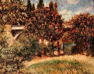 Railway bridge at Chatou (The pink chestnut trees) by Pierre Auguste Renoir