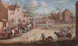 A Town View With Travellers Stopping At An Inn And Other Figures Nearby by Theobald Michau