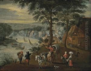 A River Landscape With Figures On A Village Track by Theobald Michau
