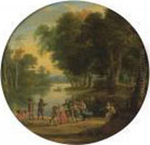A Wooded River Landscape With Peasants Merry Making