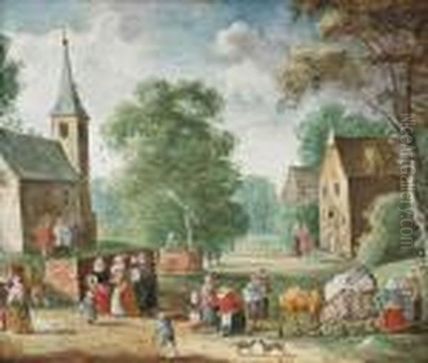 A Village Landscape With Elegant
Company And Peasants On A Track, A Church, A Well And Houses Beyond - view 1